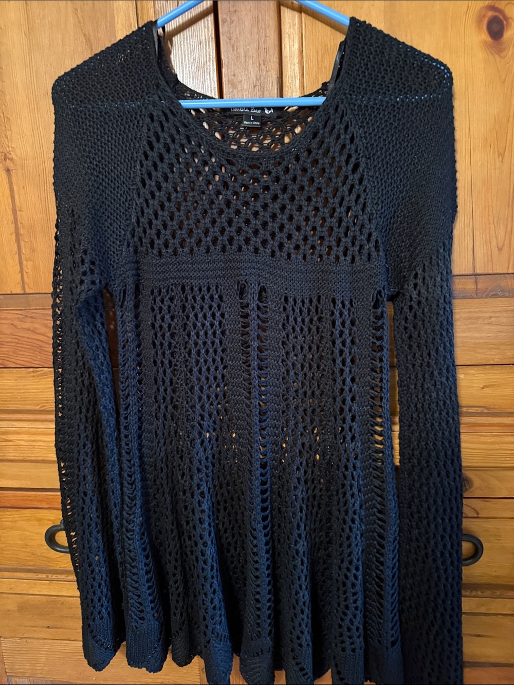 Double Zero Black Open-Knit Long-Sleeve tunic top